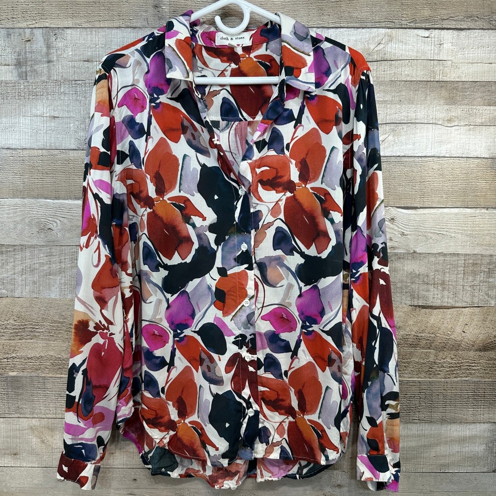 Cloth & Stone Anthropologie Floral Watercolor Button Down Shirt Orange Pink XL